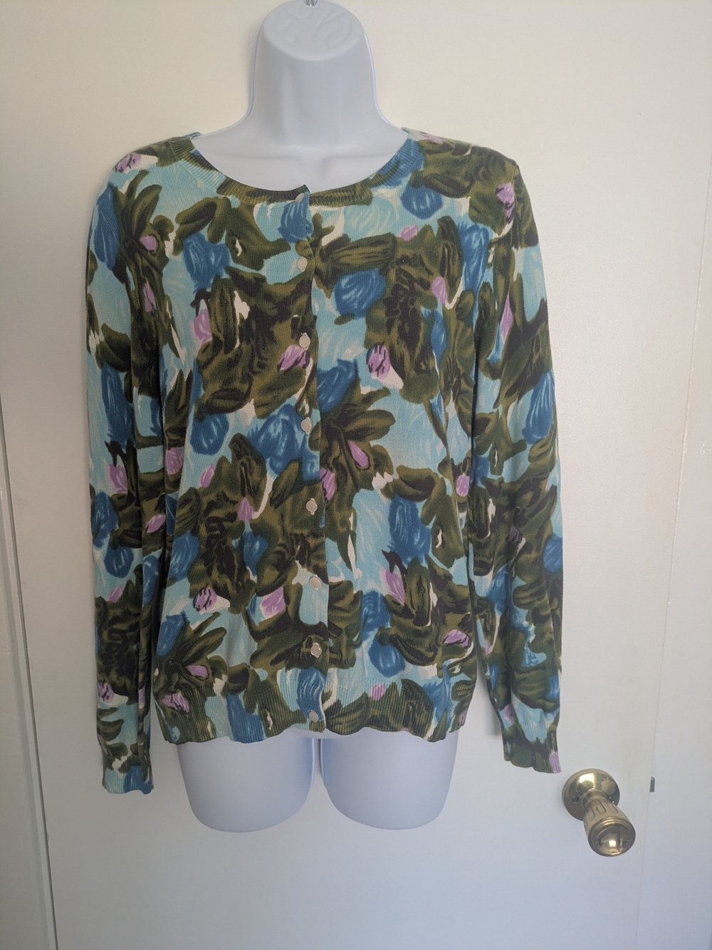 Talbots Floral Crewneck Cardigan - Blue, Green, Purple Women's Sz M Cottagecore
